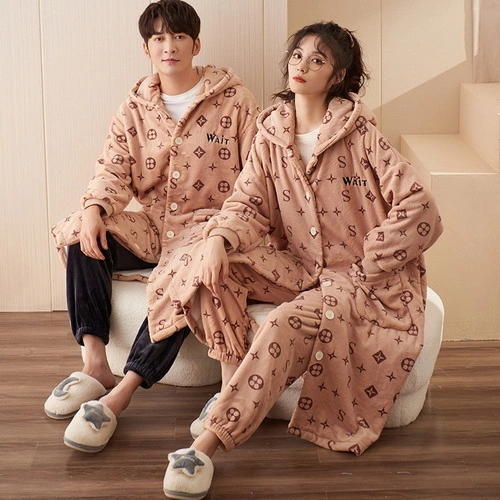Coral velvet couple pajamas flannel autumn winter thickened plush men and women dinosaur pajamas housewear suit