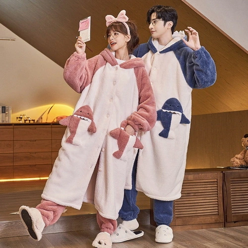 Coral velvet couple pajamas flannel autumn winter thickened plush men and women dinosaur pajamas housewear suit