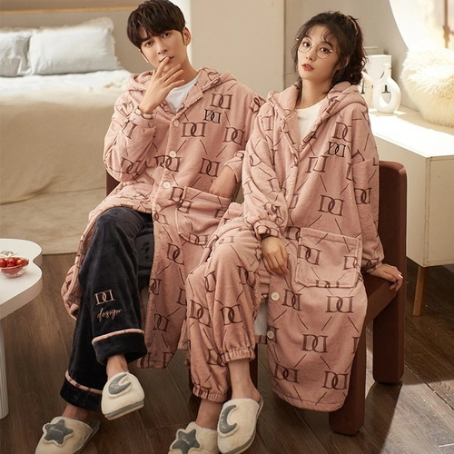 Coral velvet couple pajamas flannel autumn winter thickened plush men and women dinosaur pajamas housewear suit