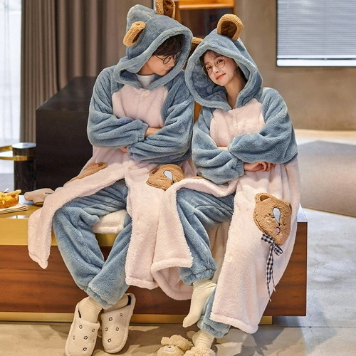 Coral velvet couple pajamas flannel autumn winter thickened plush men and women dinosaur pajamas housewear suit