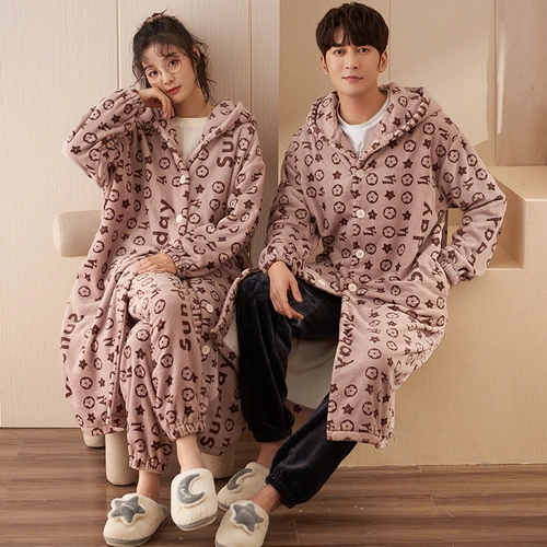 Coral velvet couple pajamas flannel autumn winter thickened plush men and women dinosaur pajamas housewear suit