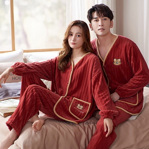 Winter couple pajamas coral velvet red men's and women's household suits