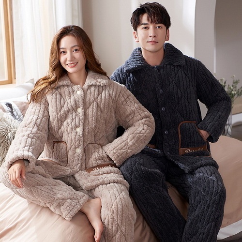 Couple's pajamas thickened plush three-layer cotton sandwich coral wool warm men's and women's household clothes suit in winter