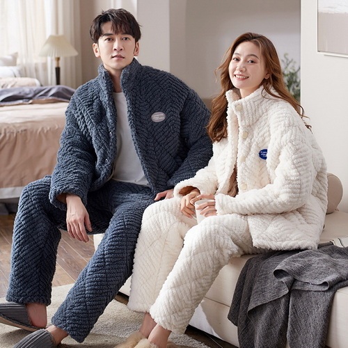 Couple's pajamas thickened plush three-layer cotton sandwich coral wool warm men's and women's household clothes suit in winter