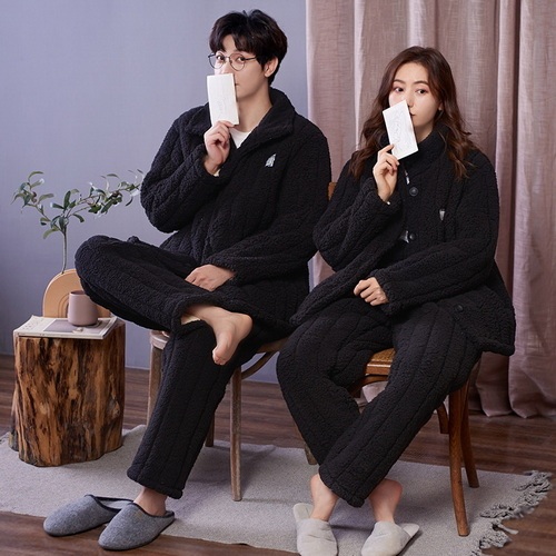 Couple's pajamas thickened plush three-layer cotton sandwich coral wool warm men's and women's household clothes suit in winter