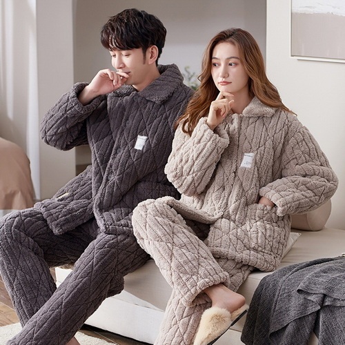 Couple's pajamas thickened plush three-layer cotton sandwich coral wool warm men's and women's household clothes suit in winter