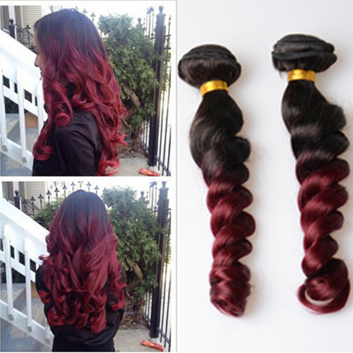1B 99J Ombre Loose Wave Bundles Human Hair 9A Grade Unprocessed Peruvian Hair Ombre Burgundy Two Tone Black And Burg Red 100gx3