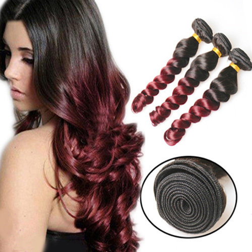 1B 99J Ombre Loose Wave Bundles Human Hair 8A Grade Unprocessed Hair Ombre Burgundy Two Tone Black And Burg Red 100gx3