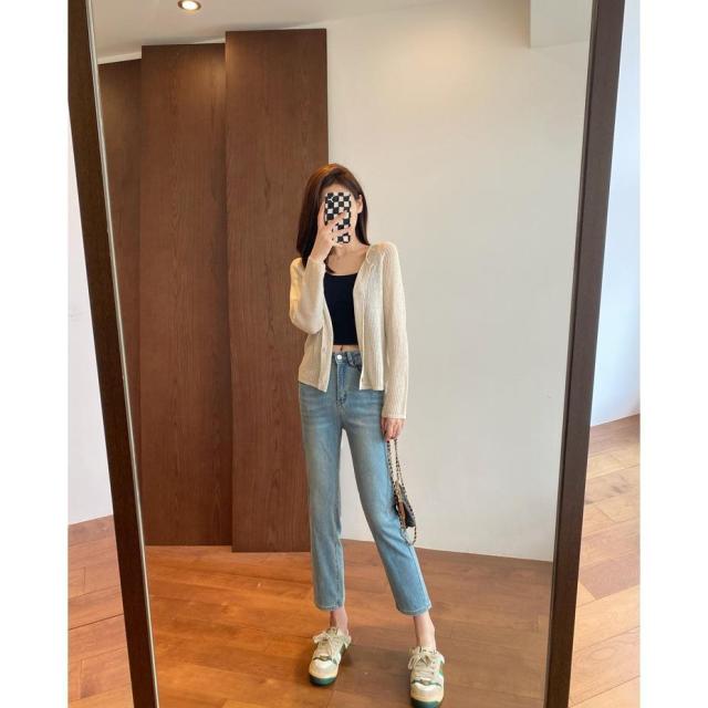 Summer God pants! Silky facial mask pants high-waisted slimming anti-static small straight leg women's jeans thin summer new