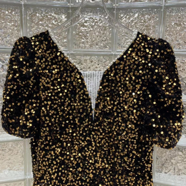Boutique 23 Spring/summer new French dress temperament socialite high-end sequin bubble sleeve short dress