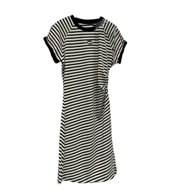 Boutique 2023 summer new designer advanced sense of vintage striped round neck waist short-sleeved dress