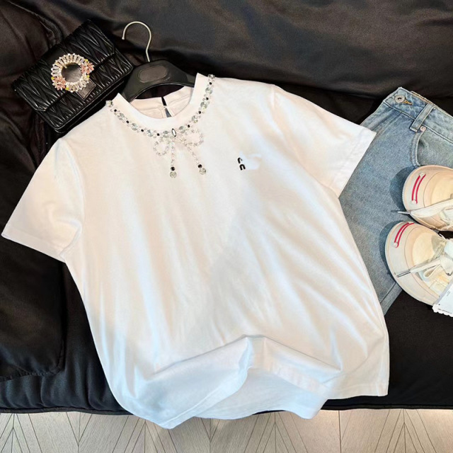 100% Cotton and handmade Short sleeve T-shirt design sense female niche mesh bow T-shirt summer T-shirt top