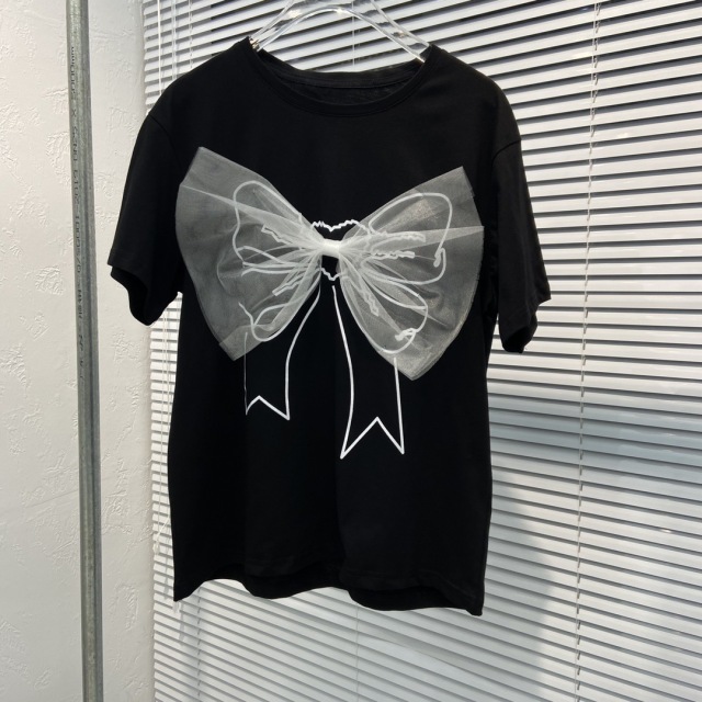100% cotton and handmade Short sleeve T-shirt design sense female niche mesh bow T-shirt summer T-shirt top