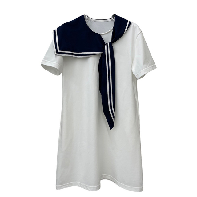 100% handmade 100% Cotton 2023 Summer designer preppy irregular patchwork navy collar short sleeve long T shirt