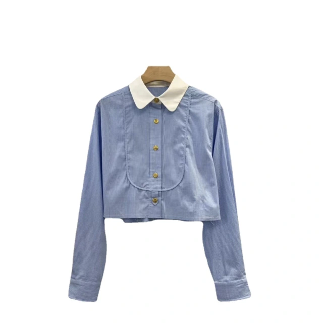 handmade Summer 2023 new girly style check color contrast lapel letter embroidery design short fringe long sleeve shirt