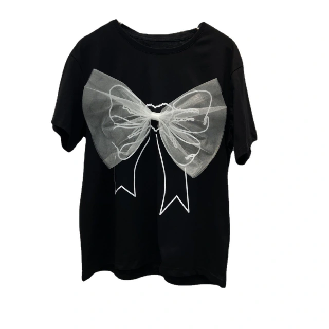 100% cotton and handmade Short sleeve T-shirt design sense female niche mesh bow T-shirt summer T-shirt top