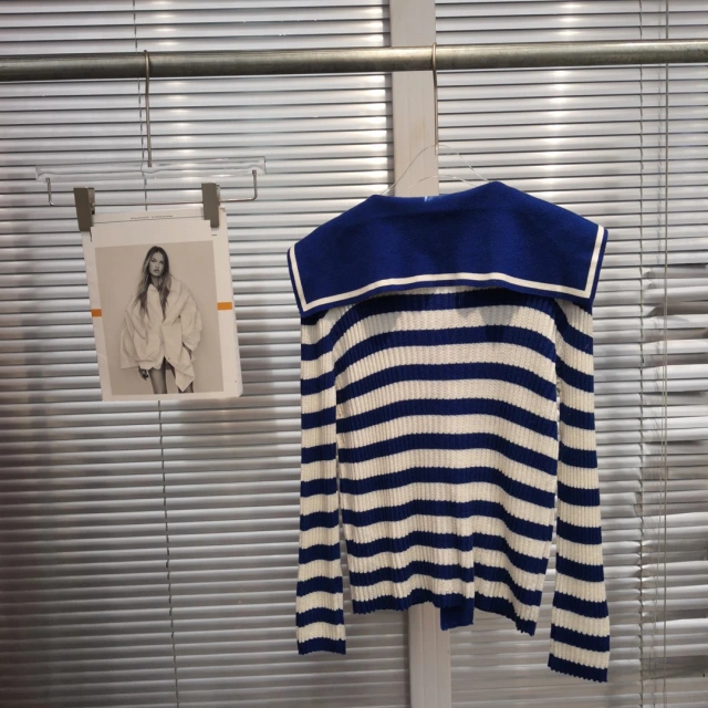 handmade long Shirts Do not make a mistake sea contra ribbon navy collar striped sweater cardigan 20223 autumn new vintage