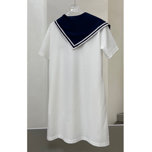 100% handmade 100% Cotton 2023 Summer designer preppy irregular patchwork navy collar short sleeve long T shirt