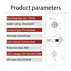 Construido para durar 6mm Impermeable IP67 Indicador luminoso de metal 2 pines terminal 12v