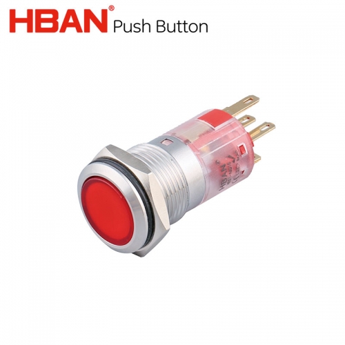 push button lamp switch 16mm spdt 5 pins Large surface luminescence flat head HBAN