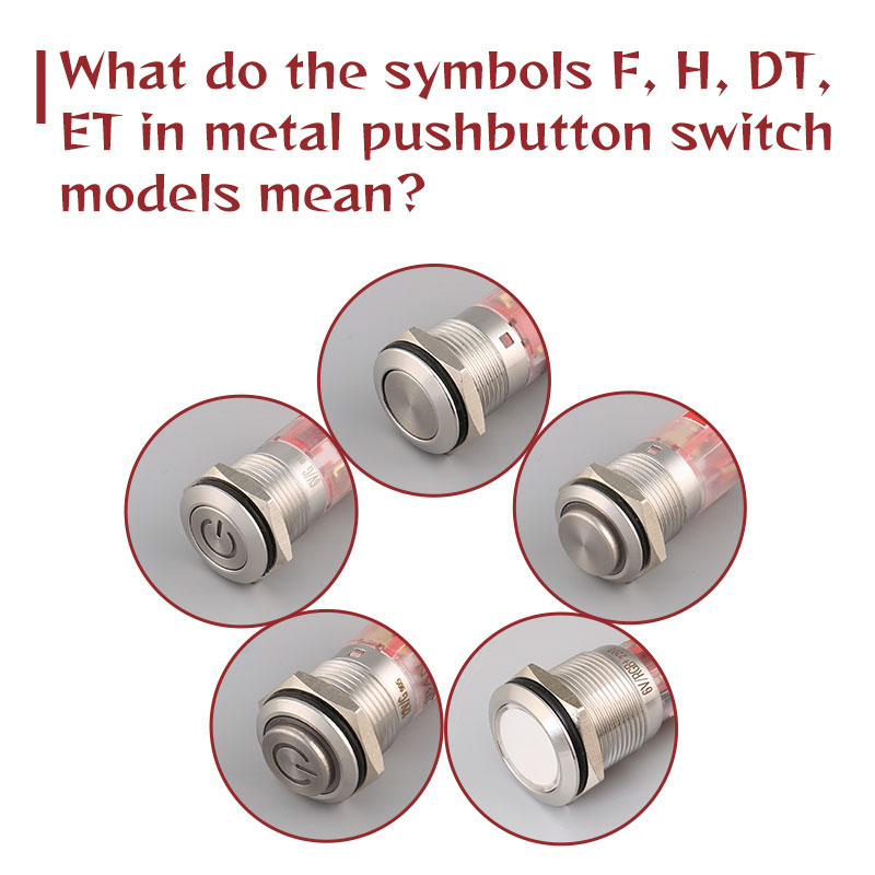 What do the symbols F, H, DT, ET in metal pushbutton switch models mean?