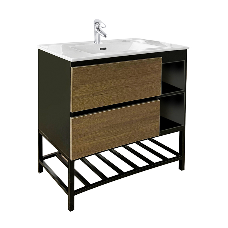 81cm Wood and Black Floor Mounted MDF Bathroom Vanity with Basin