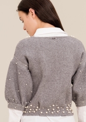 Women cardigan over fit short with pearls applied