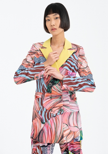 Women's double-breasted lapel blazer with multicolor Naia™ digital printing pattern