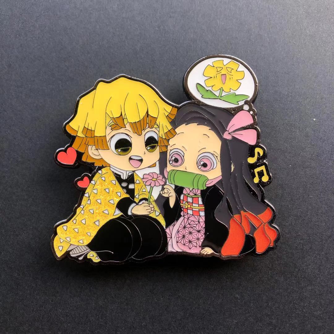 2.4 Inches High Demon Slayer Cute Couple Pin Set Glitter