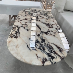 Honed Surface Rose Calacatta Viola Natural Marble Dining Table Oval with Black Solid Wood Legs