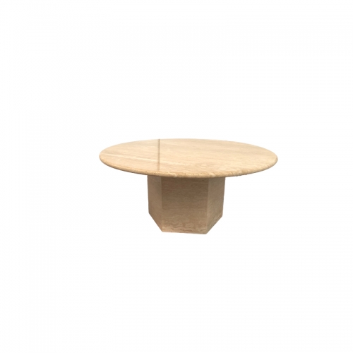 Round Beige Travertine Coffee Table with Hexagon Travertine Base