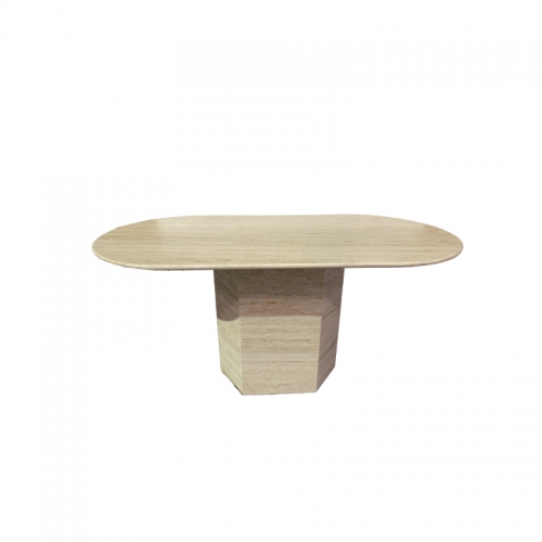 Oval Super White Travertine Dining Table with Hexagon Base