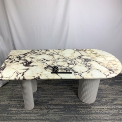 Honed Calacatta Viola Marble Dining Table with Three Cream Wooden Legs