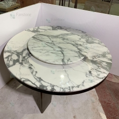 Round Calacatta White Marble Roating Dining Table Top with Three Metal Legs