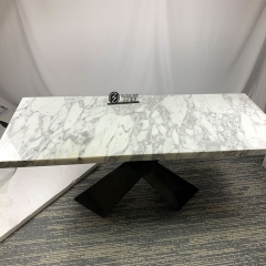 Rectangular Arabescato White Marble Top Dining Table with X Shape Metal Leg