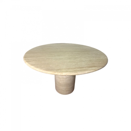 Round Italian Beige Travertine Dining Table for Sale with Cylindrical Leg