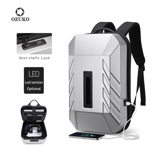 Ozuko 9499L 新款商务背包男PC硬壳电脑包智能潮酷LED男士双肩包backpack