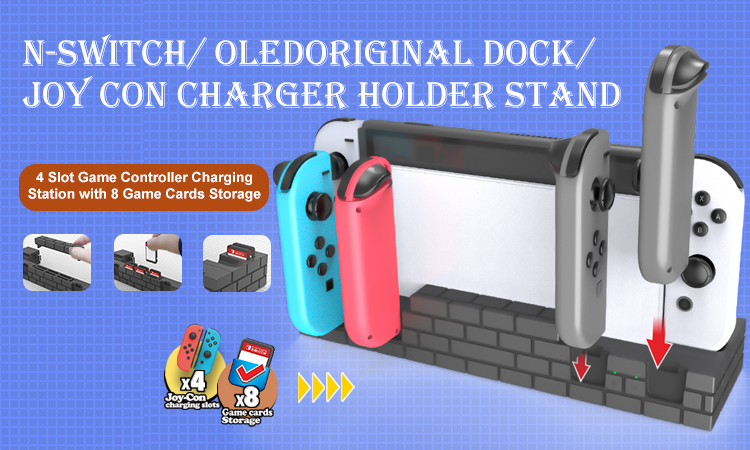 4 Slot Game Controller Charging Station with 8 Game Cards Storage for Nintendo Switch/Switch Oled /Swith Original Dock /Joy Con Charger Holder Stand