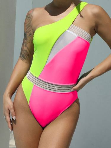 Alluring Patchwork Perspective One Shoulder Bathing Suit