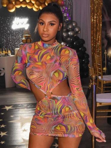 Sexy Hollow Out Long Sleeve Mini Dress