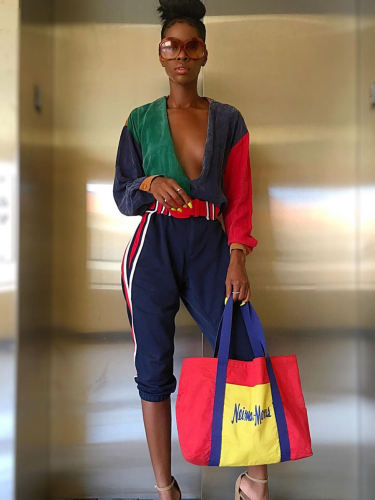 Color Block Deep V Neck Casual Jumpsuits