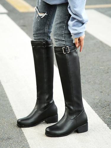 Women'S Boots Block Heel Boots Riding Boots Cuban Heel Round Toe Knee High Boots Vintage Daily Walking Shoes Pu Buckle Brown