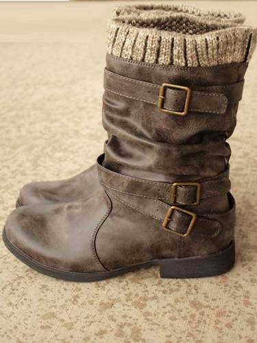 Women'S Boots Flat Heel Round Toe Mid Calf Boots Casual Daily Walking Shoes Pu Buckle Solid Colored Winter Gray / Mid-Calf Boots