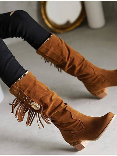 Women'S Boots Block Heel Boots Chunky Heel Open Toe Mid Calf Boots Vintage Daily Pu Tassel Solid Colored Camel Black Khaki