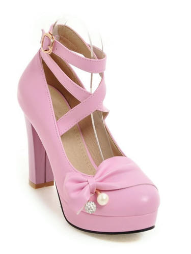 Women'S Heels Chunky Heel Round Toe Sweet Daily Walking Shoes Pu Rhinestone Bowknot Pearl Solid Colored White Black Purple