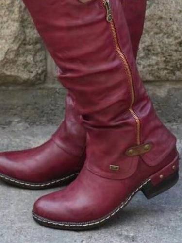 Women'S Boots Cowboy Western Boots Chunky Heel Round Toe Knee High Boots Casual Daily Walking Shoes Pu Solid Colored Winter Camel Red