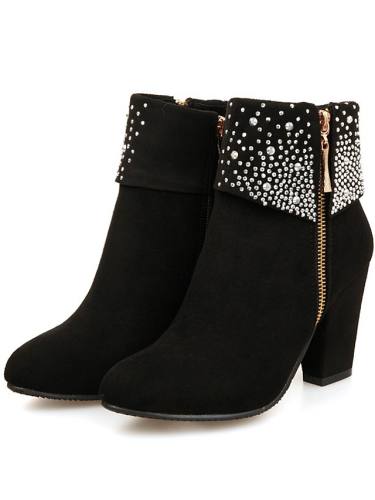 Women'S Boots Block Heel Boots Wedge Heel Round Toe Booties Ankle Boots Sexy Outdoor Walking Shoes Nubuck Rhinestone Solid Colored / Booties / Ankle Boots