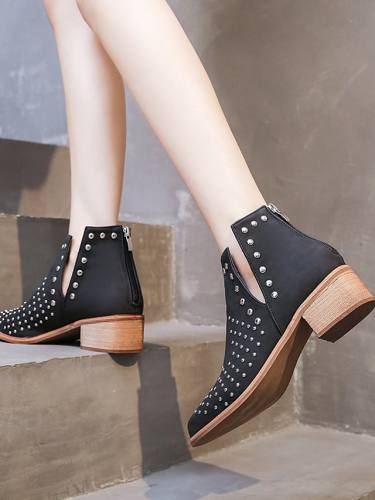 Women'S Boots Block Heel Pointed Toe Mid Calf Boots British Daily Walking Shoes Pu Rivet Solid Colored