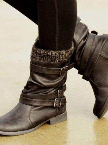 Women'S Boots Flat Heel Round Toe Mid Calf Boots Casual Daily Walking Shoes Pu Buckle Solid Colored Winter Gray / Mid-Calf Boots