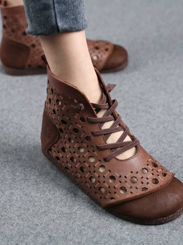 Women'S Boots Flat Heel Closed Toe Booties Ankle Boots Leather Lace-Up Solid Colored / Booties / Ankle Boots